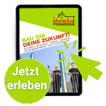 Abbildung der neu gestalteten Informationsbroschüre der Landesberufsschule Murau. Ein Prospekt, welches das Logo der LBS beinhaltet und mit der Überschrift "Bau dir deine Zukunft" zum Blättern einladet.